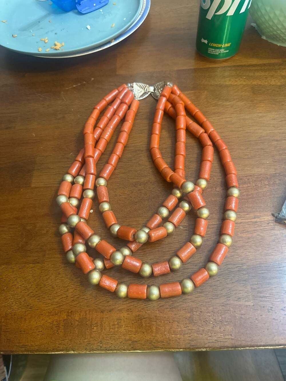 Vintage 4-Strand Orange Tube and Gold Bead Statement Necklace